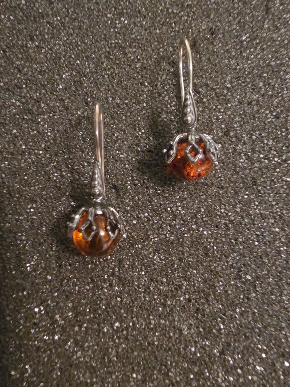 Sterling Silver Baltic Amber Ornate Filigree Ball Dangle Drop Earrings